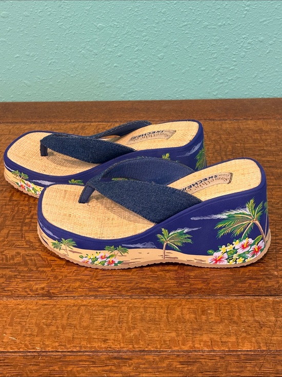 Skechers Shoes - Skechers Somethin’ else Y2K Navy Tropical Platform Wedge Flip Flops